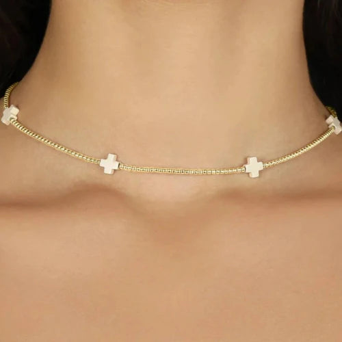 enewton 15" Choker Signature Cross Gold Pattern 2mm Bead in Off-White