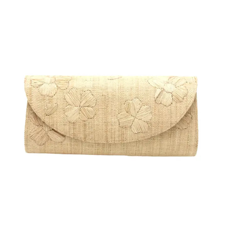 Tulum Flower Straw Clutch Purse with Flower Embroidery