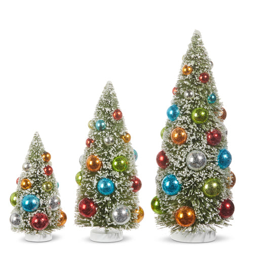 Set of 3 Snowy Bottle Brush Trees with Ornaments