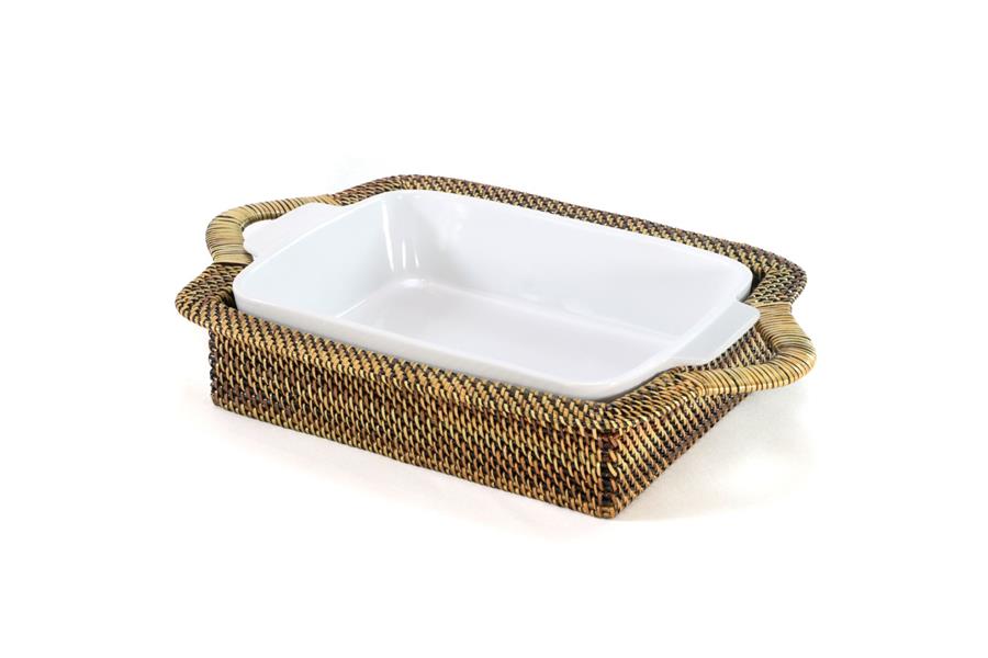 Rattan Rectangular Tray & Stoneware 2 Qt Baker