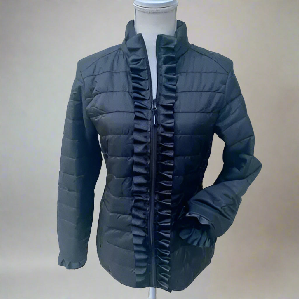 Black Carrie Ruffled Ribbon Puffer Jacket