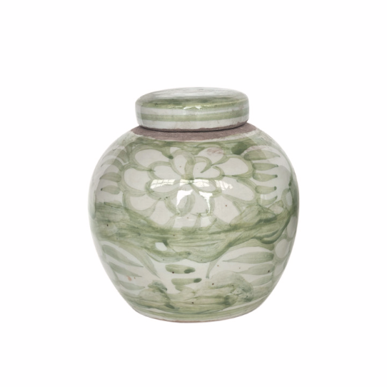 Green & White Porcelain Mini Jar Sea Flower Motif