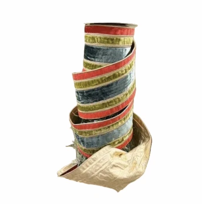 John Mark Enterprises Red/Apple/Green Velvet Stripe Metallic Dupion Fused Apple 6"Ribbon