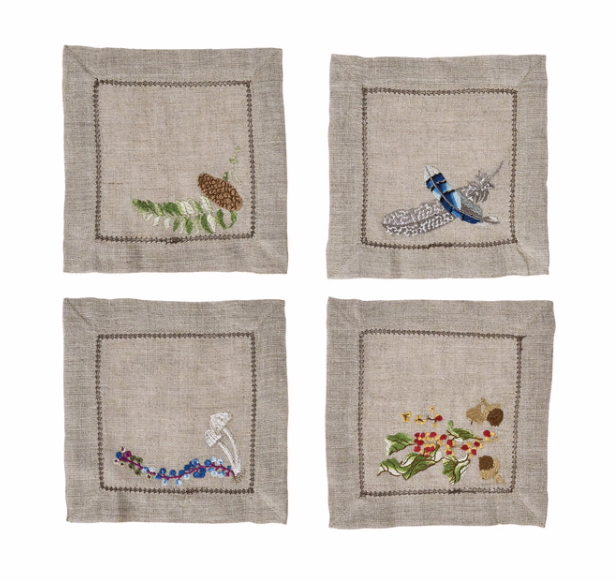 Juliska Forest Walk Embroidered Cocktail Napkins (Assort. Set of 4 )