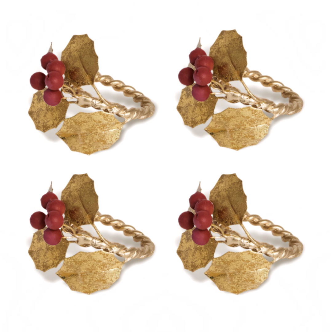 Juliska Forest Walk Multicolor Holly with Berries Napkin Rings (Assort. Set of 4)
