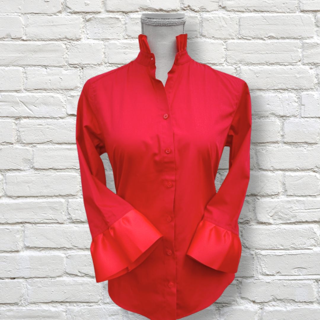 Barbara Ann Poplin Trim Button Up, Red