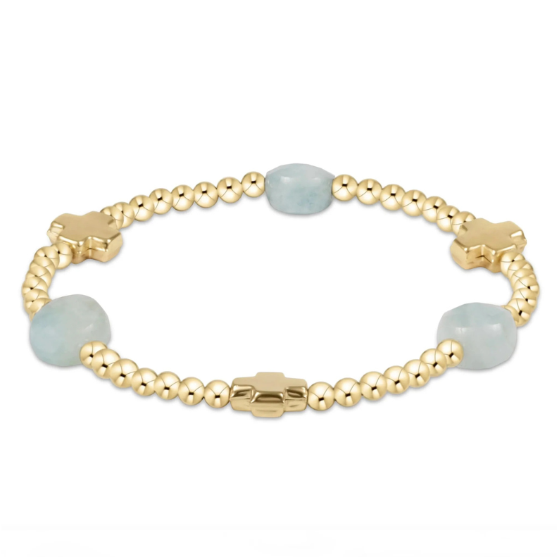 enewton Signature Cross Admire Gold Pattern 3mm Bead Bracelet, Aquamarine