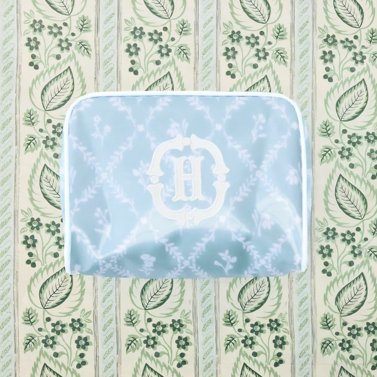 Patterned Toiletry Bag in Blue Trellis