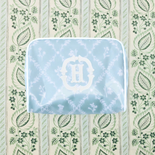 Patterned Toiletry Bag in Blue Trellis