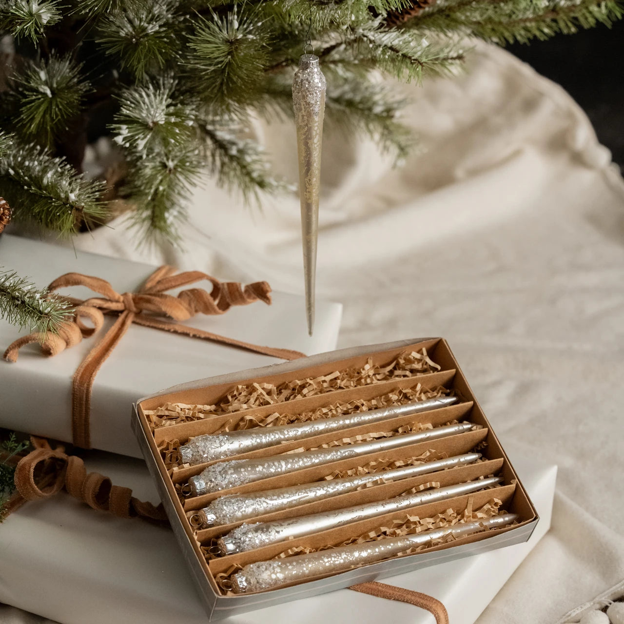 White Glass Icicle Ornaments, Boxed Set of 6