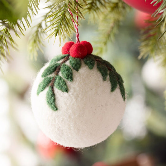Wool Ball Ornament with Holly