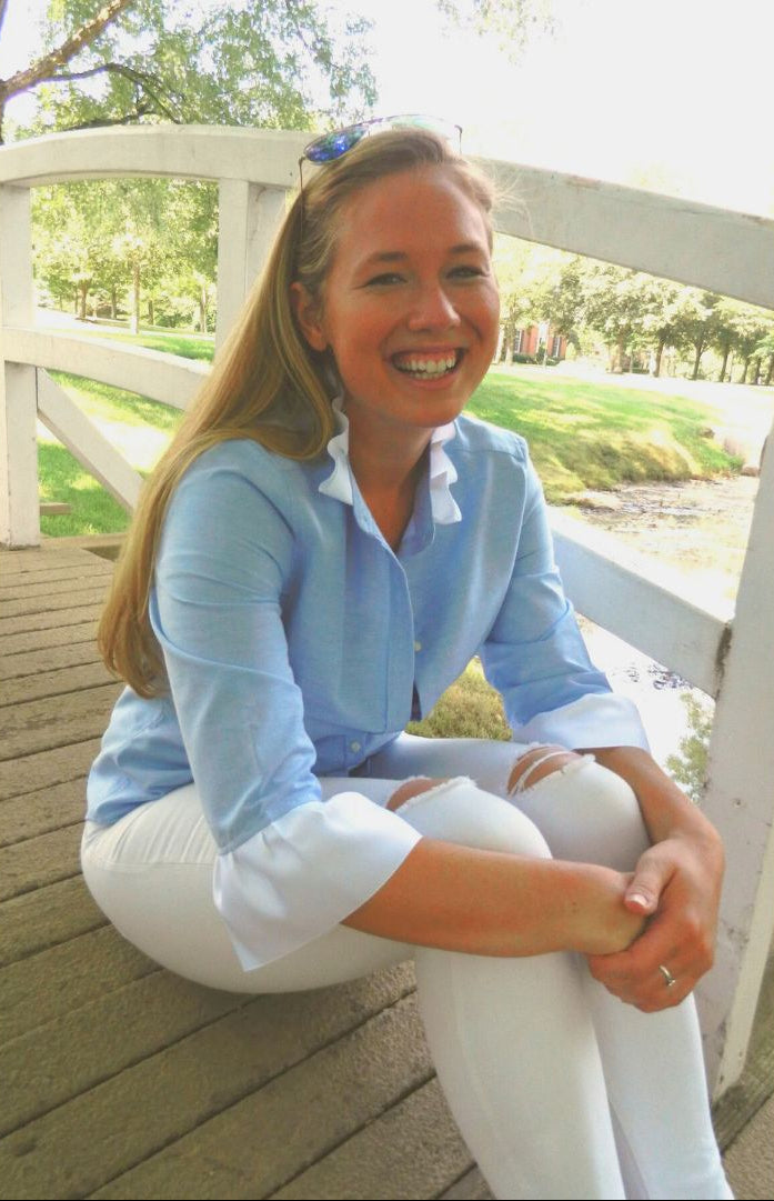 Scarlett Oxford Button Up with Ribbon Trim, Blue & White