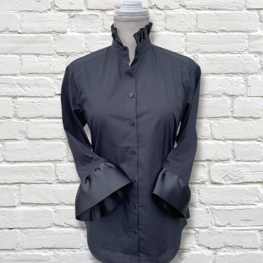 Barbara Ann Poplin Trim Button Up, Black