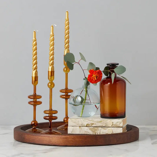 Glass Pair of Amber Candlesticks