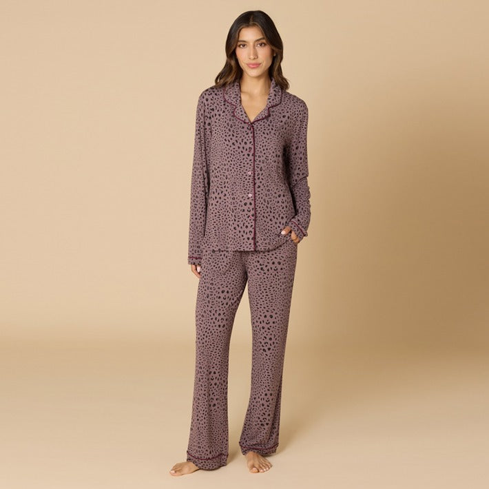 Aria Slim Notch Collar PJ Set, Wild Driftwood with Cherry Cola Trim