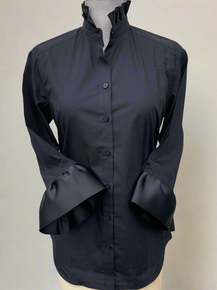 Black Barbara Ann Poplin Trim 3/4 Sleeve Button Up
