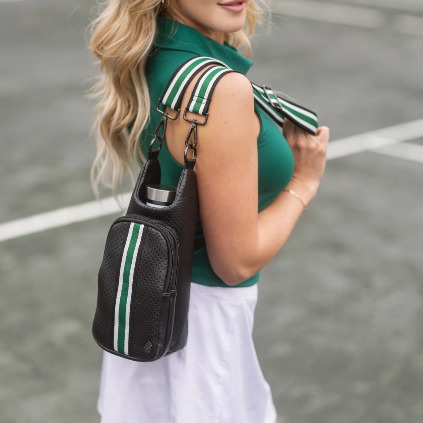 HydroBag in Black Coated Perforated Neoprene with Green + Black + White Stripe Strap