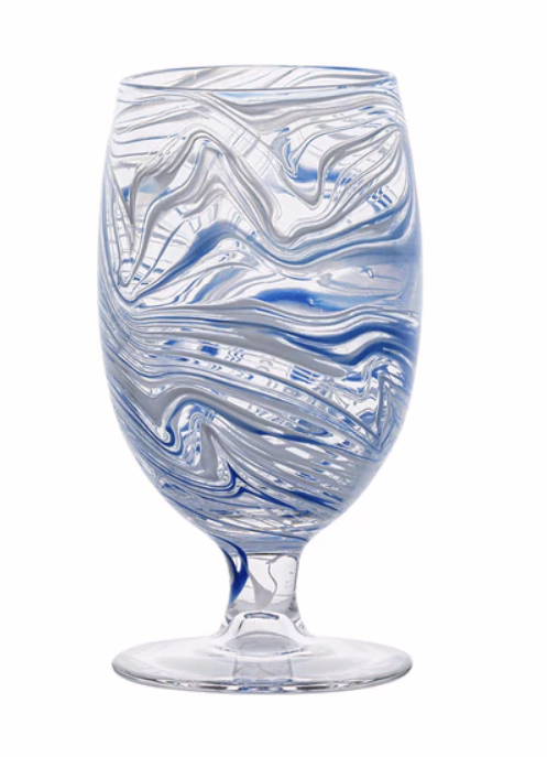 Clear glass with blue and white marbled design on a white background