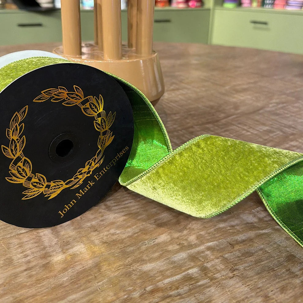John Mark Enterprises Velvet Metallic Dupion Fused Apple 2.5" Ribbon