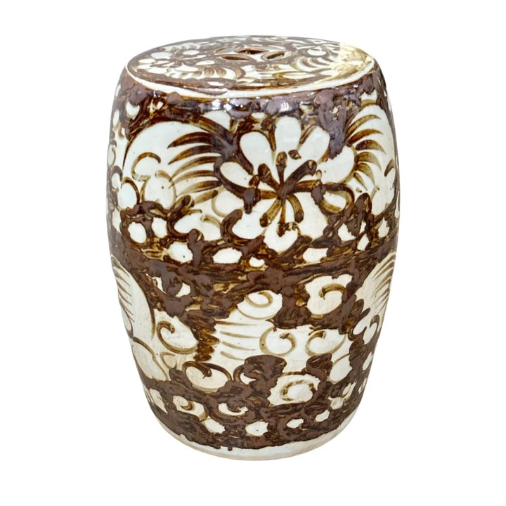 Decorative ceramic stool with intricate brown and white floral patterns.