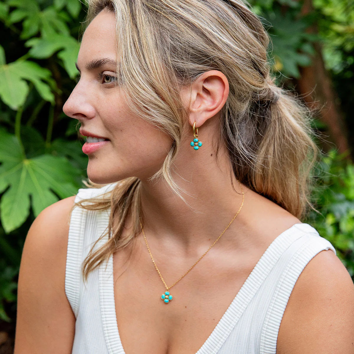 Berry Clover Hoop Earrings with Double Sided Charm in Turqoise, Capucine de Wulf
