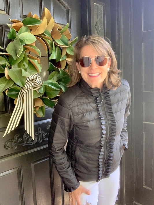 Carrie Ruffled Ribbon Puffer Jacket, Black