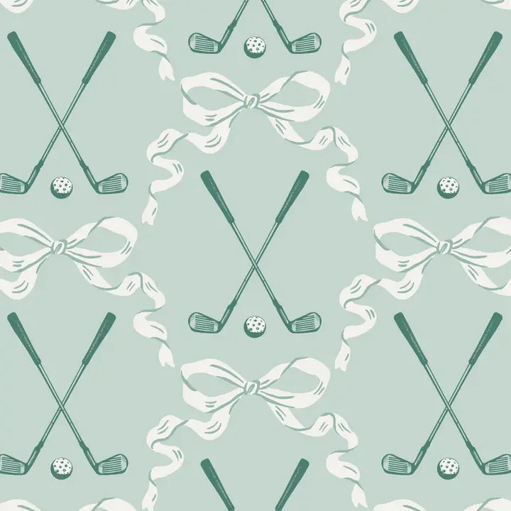 Pattern of golf clubs, golf balls, and ribbons on a light green background