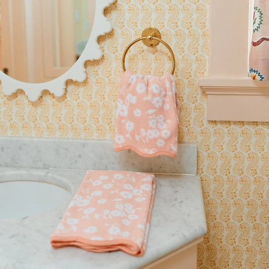 Pair of Scalloped Hand Towels in Coral Margot