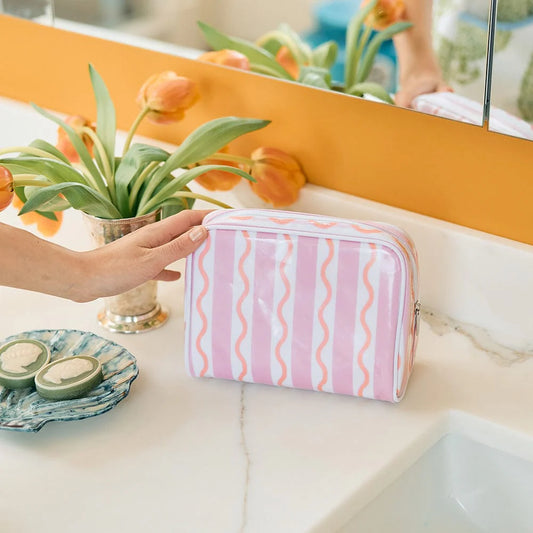 Patterned Toiletry Bag in Coral Squiggle Stripe