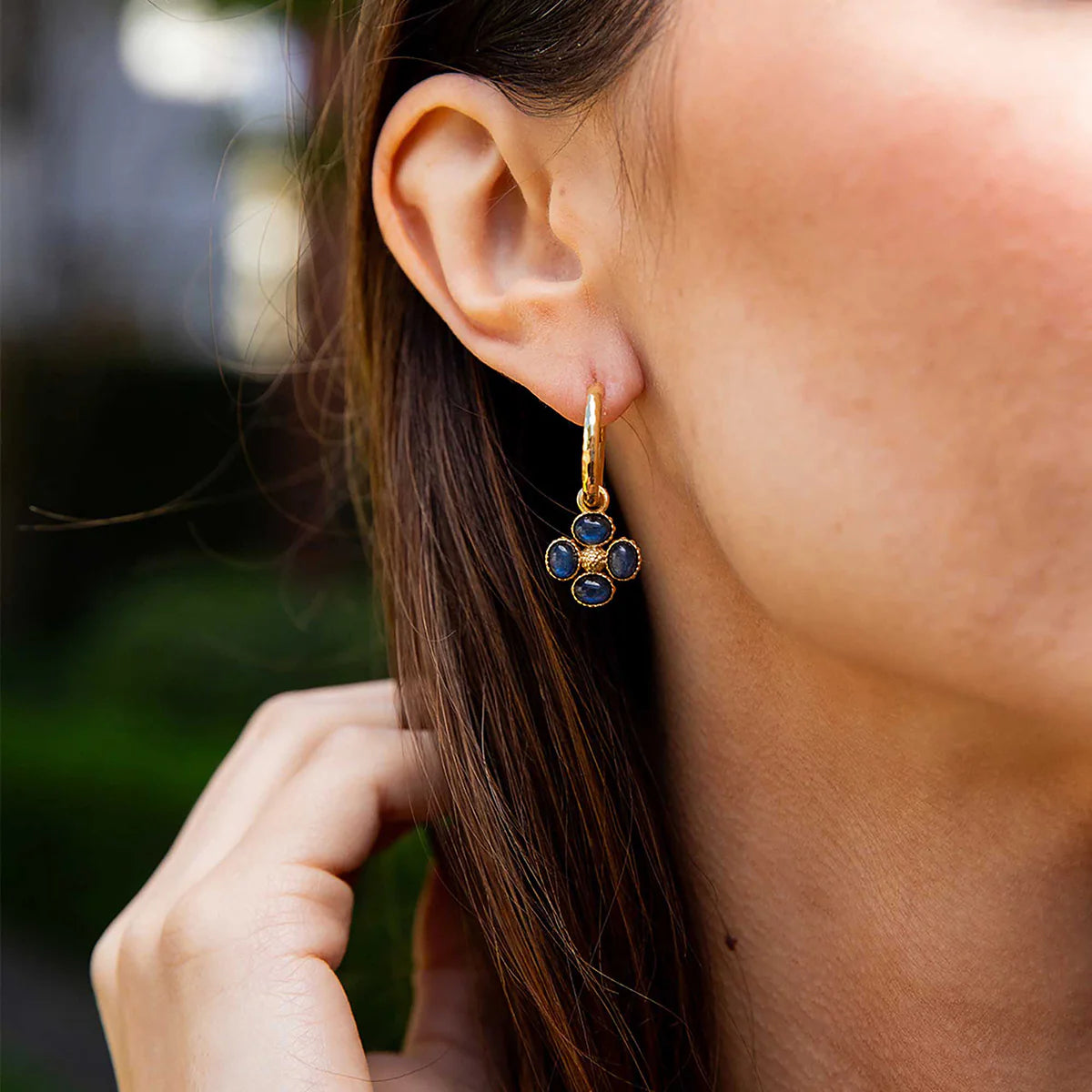Berry Clover Hoop Earrings with Double Sided Charm in Blue Labradorite, Capucine de Wulf