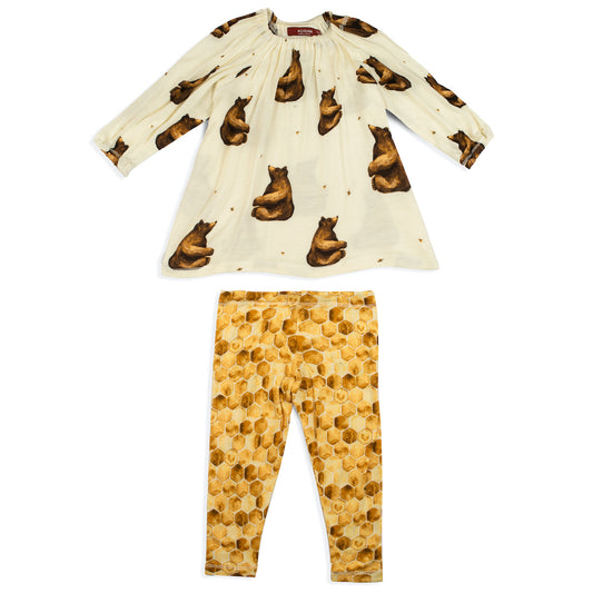 3-6M Honey Bear Bamboo Dress and Legging Milkbarn