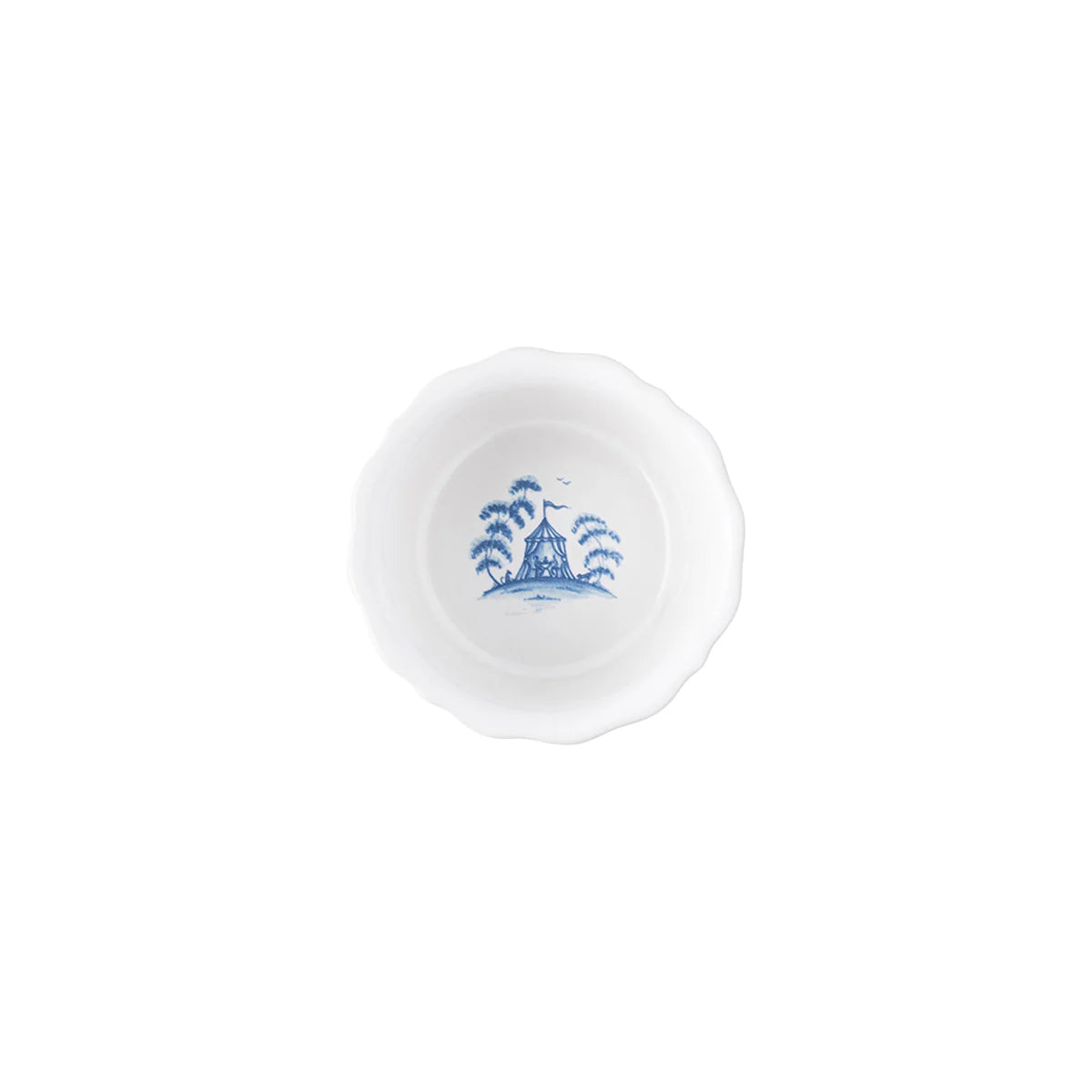Arial view of the interior of a white ceramic bowl with blue decorative design
