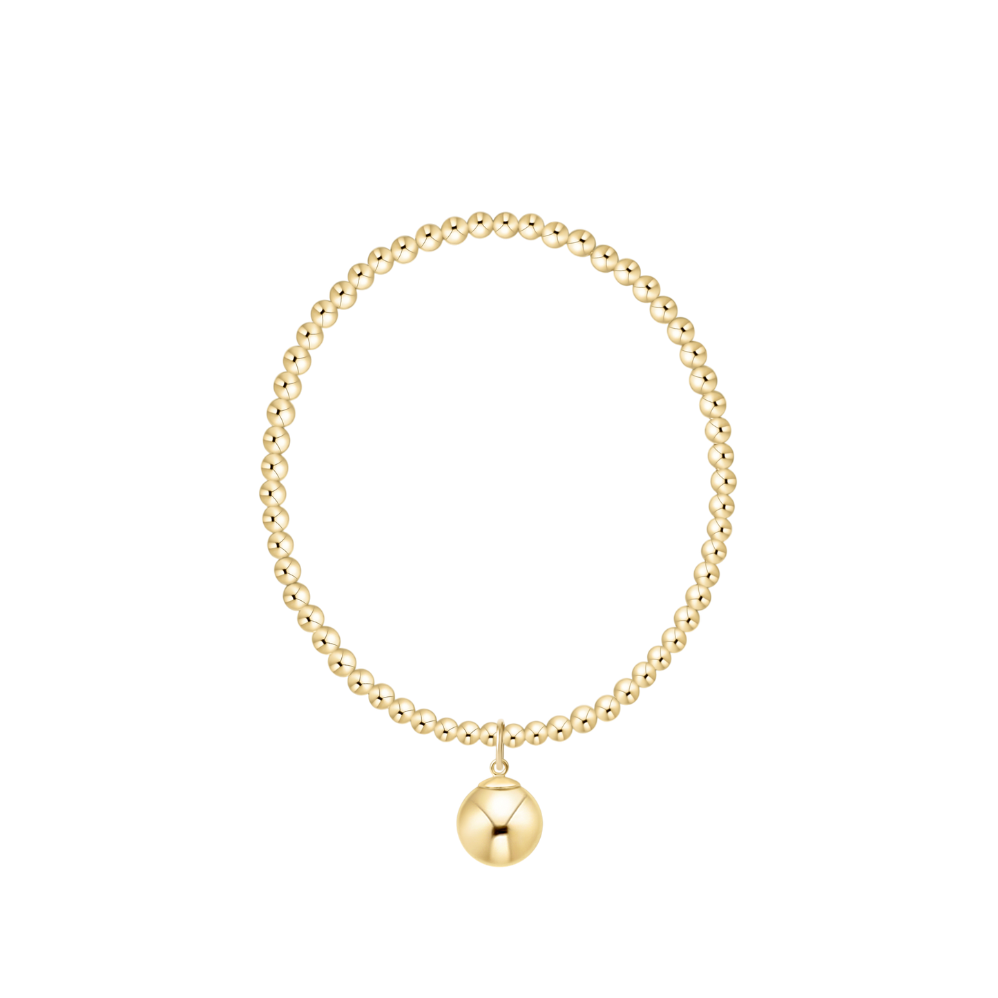 Gold beaded bracelet with a round charm on a white background