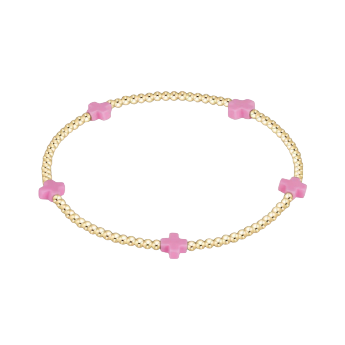 Gold bracelet with pink cross-shaped beads on a white background