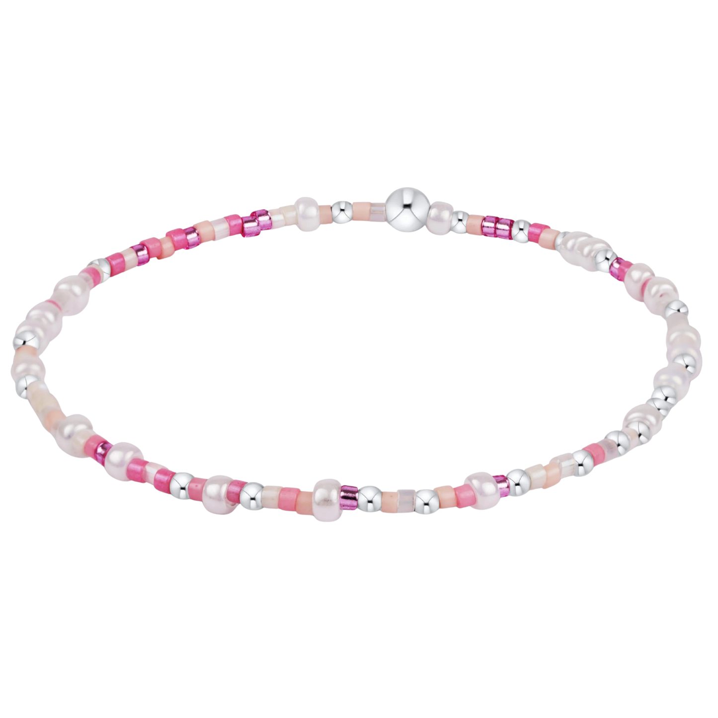 Bracelet with pink and white beads on a white background