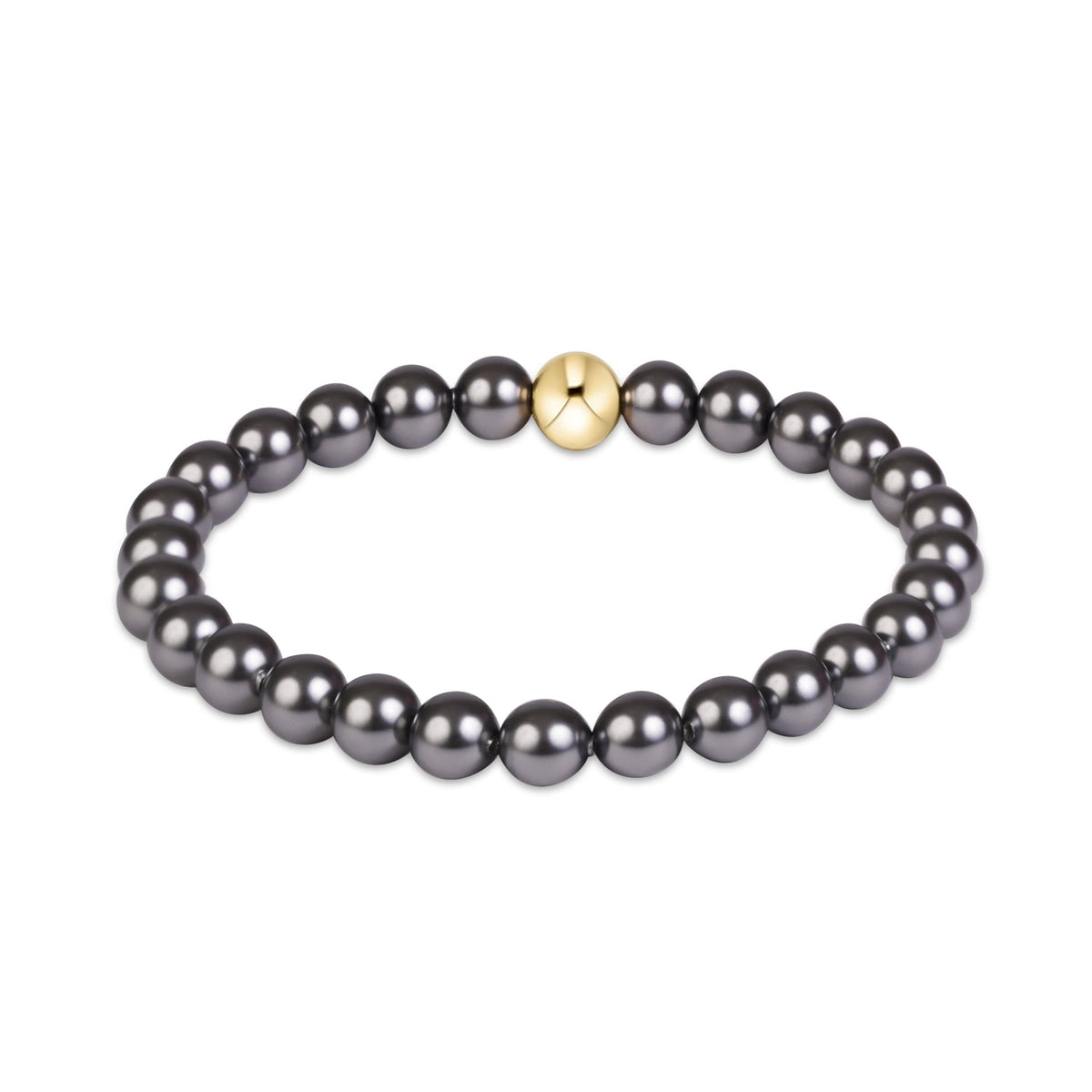 A beaded stretch bracelet featuring dark gray freshwater pearls and a single polished gold accent bead at the center, shown on a clean white background.