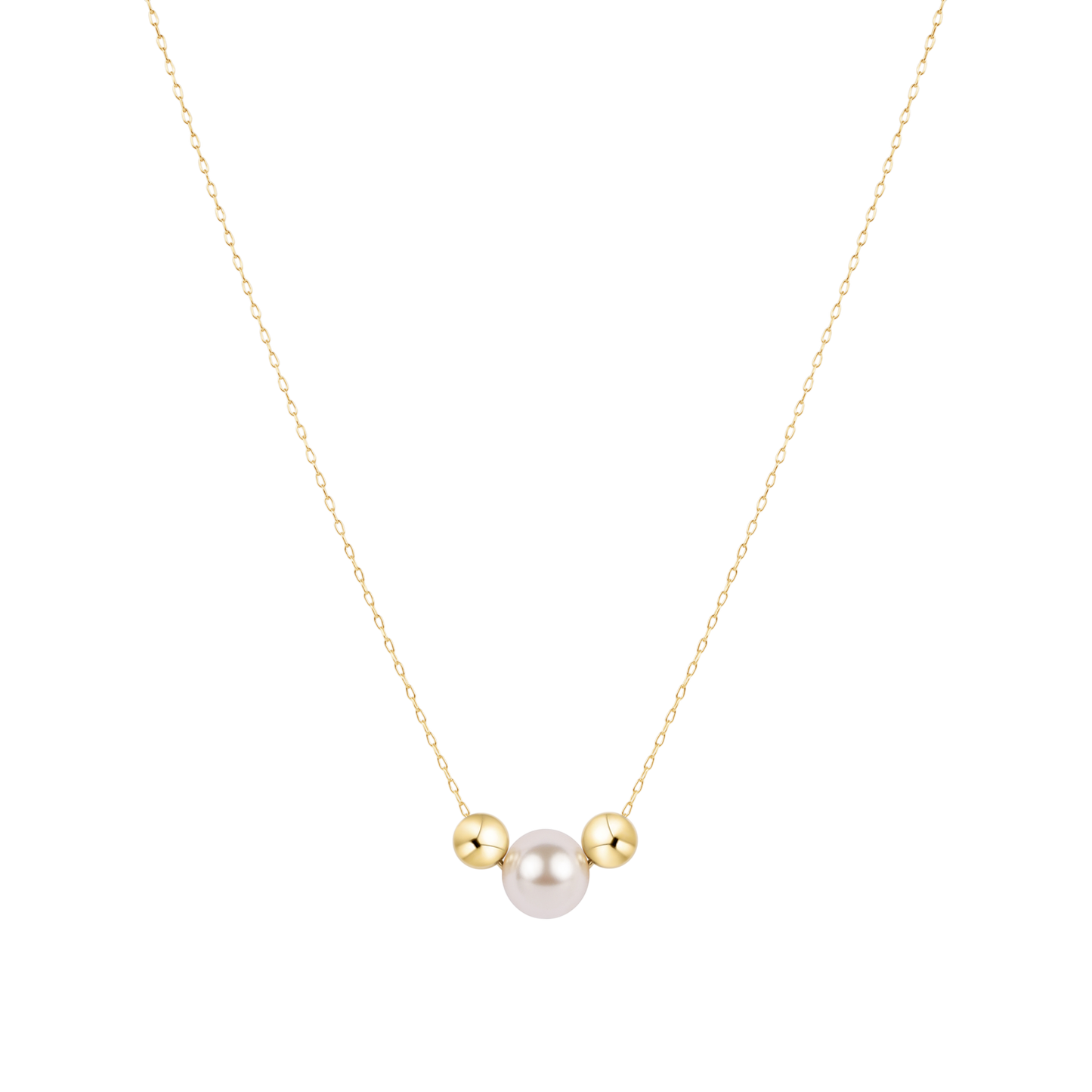 Necklace with a single pearl and two gold beads on a white background