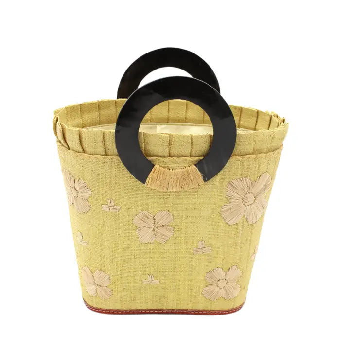 Tulum Straw Bucket Handbag with Flower Embroidery and Horn Handles