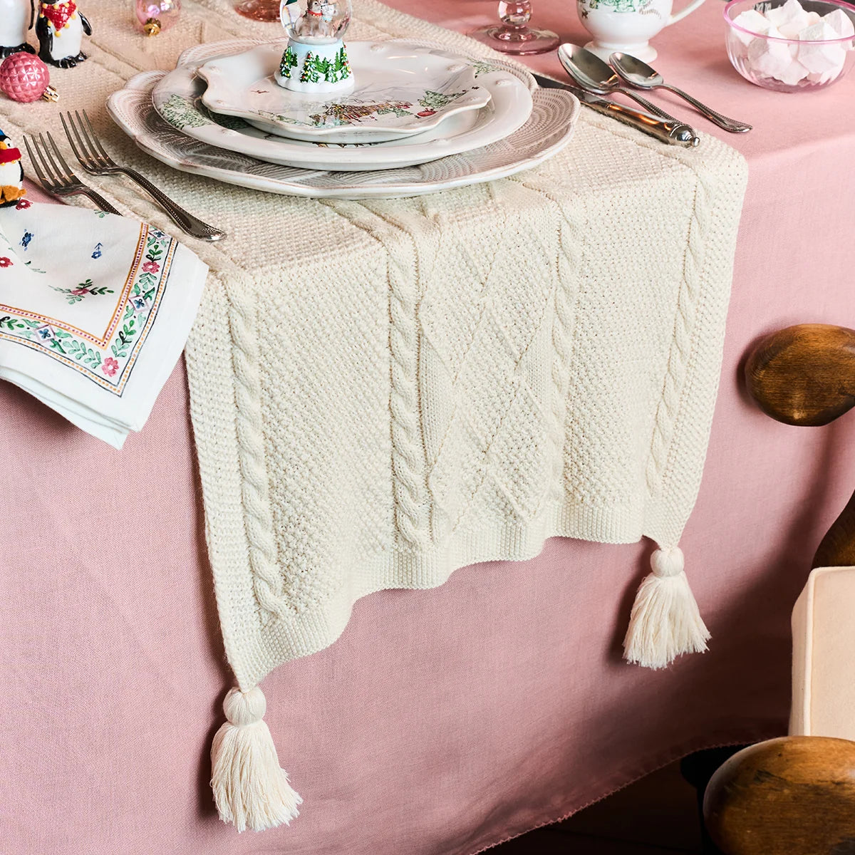 Juliska Berry & Thread Ivory Cable Knit 18" x 108 Table Runner