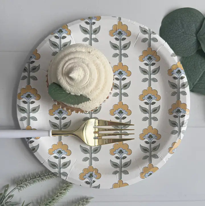 Amber & Blue Block Print Paper Dessert Plates
