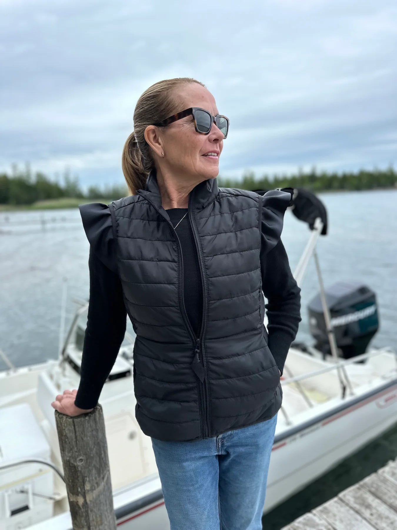 Maggie May Ruffled Shoulder Vest, Black