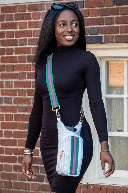 HydroBag in White Coated Perforated Neoprene with Pink + Green Stripe Strap