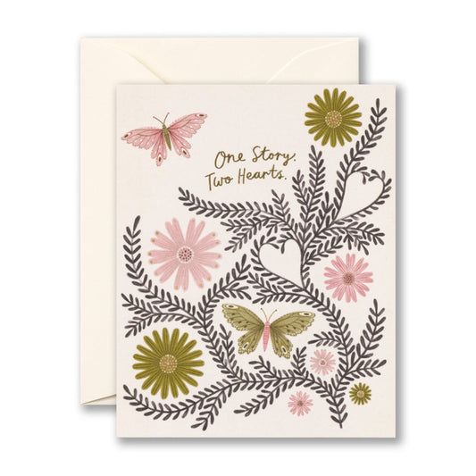 "One story. Two hearts." Wedding Card