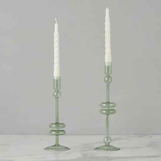 Glass Pair of Sage Candlesticks
