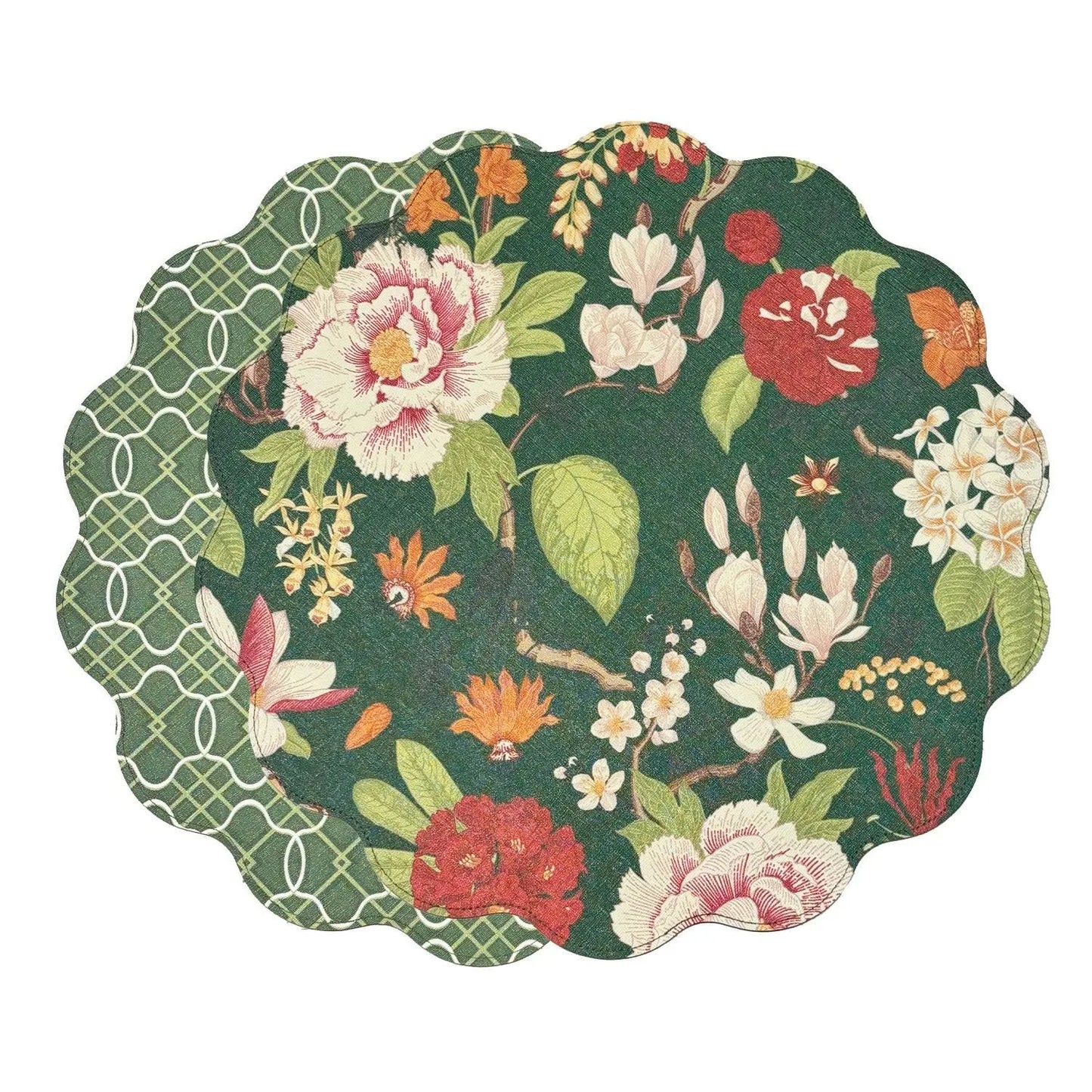 Vida Cabbage Roses and Trellis Reversible Round Placemats, Set of 4