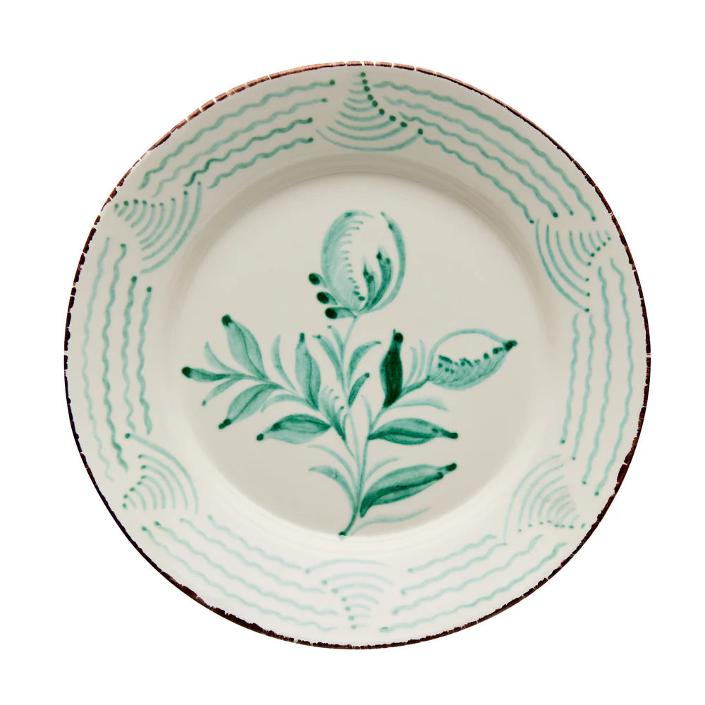 Casa Nuno Green and White Dinner Plate, 3 Flowers and Waves