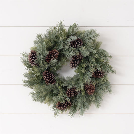 23" Frosted Cedar Wreath with Pinecones