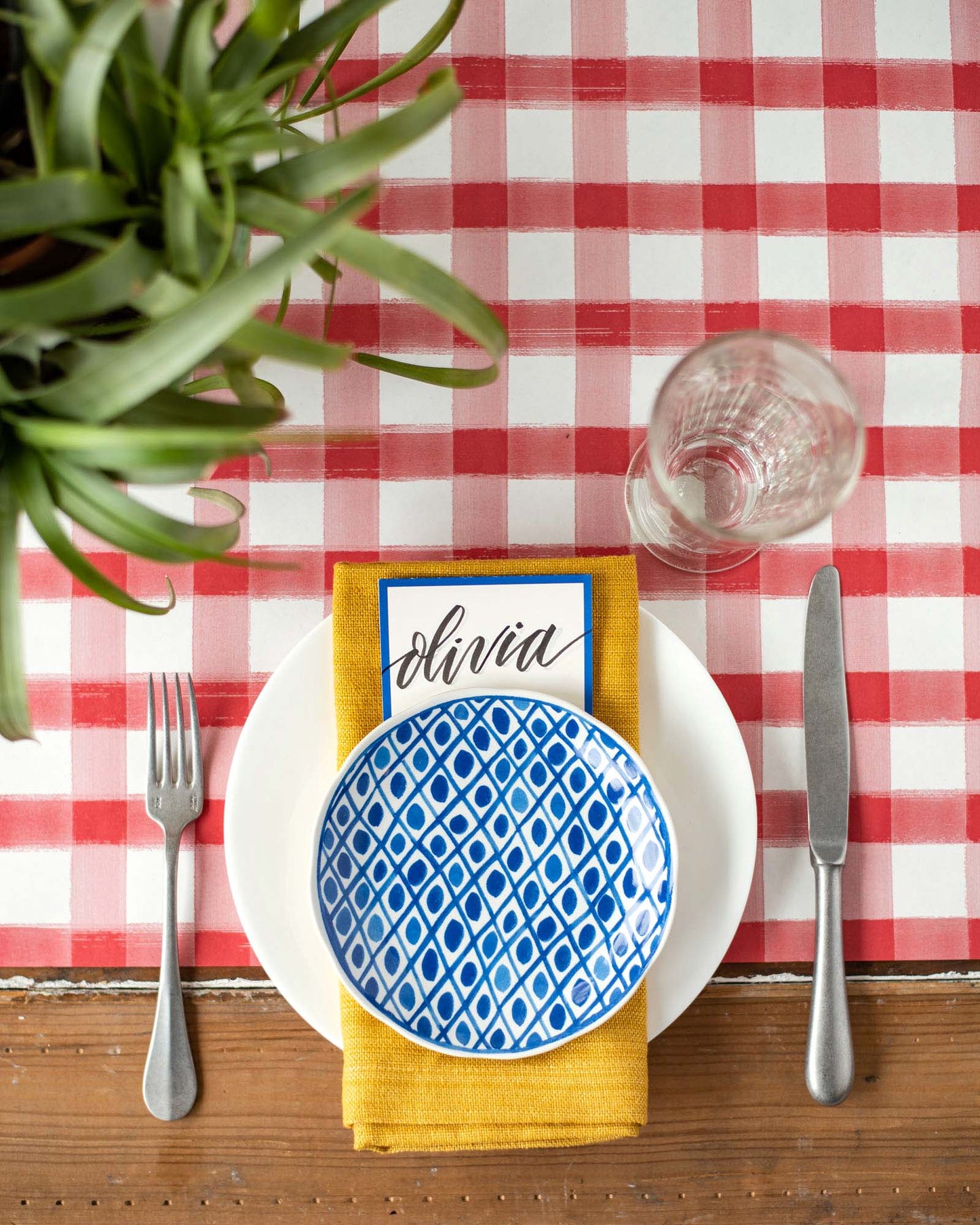 Red Painted Check Paper Table Runner