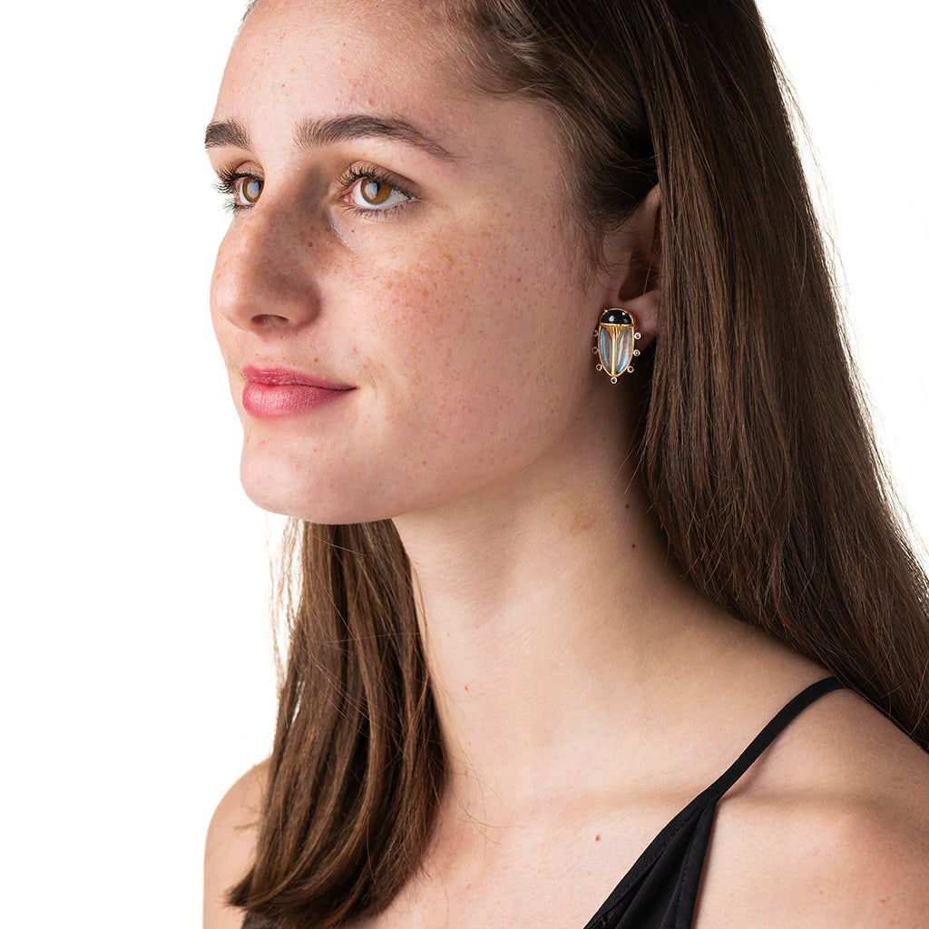 Capucine De Wulf Scarab Berry Clip Earrings in Blue Lab/Black Agate