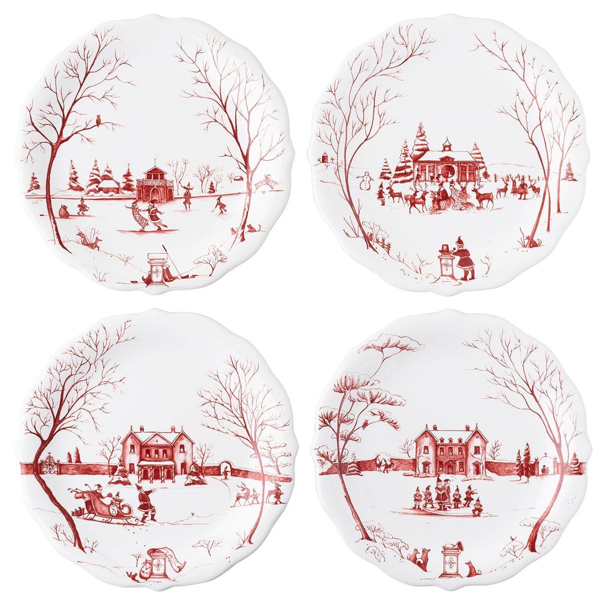 Country Estate Winter Frolic Ruby Mr. & Mrs. Clause Plates, Set of 4 | Juliska